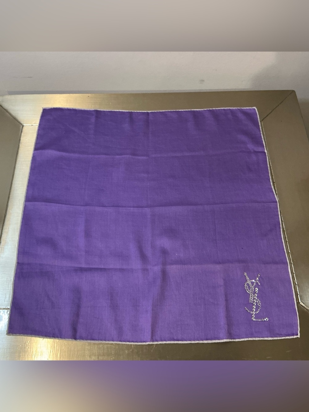 Vintage Yves Saint Laurent YSL Pocket Square Purple Embroidered Monogram 18.5"
